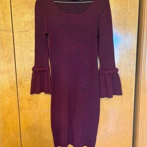 Nina Leonard Wine Ribbed Knit Bell Sleeve Sweater Dress‎ Size S